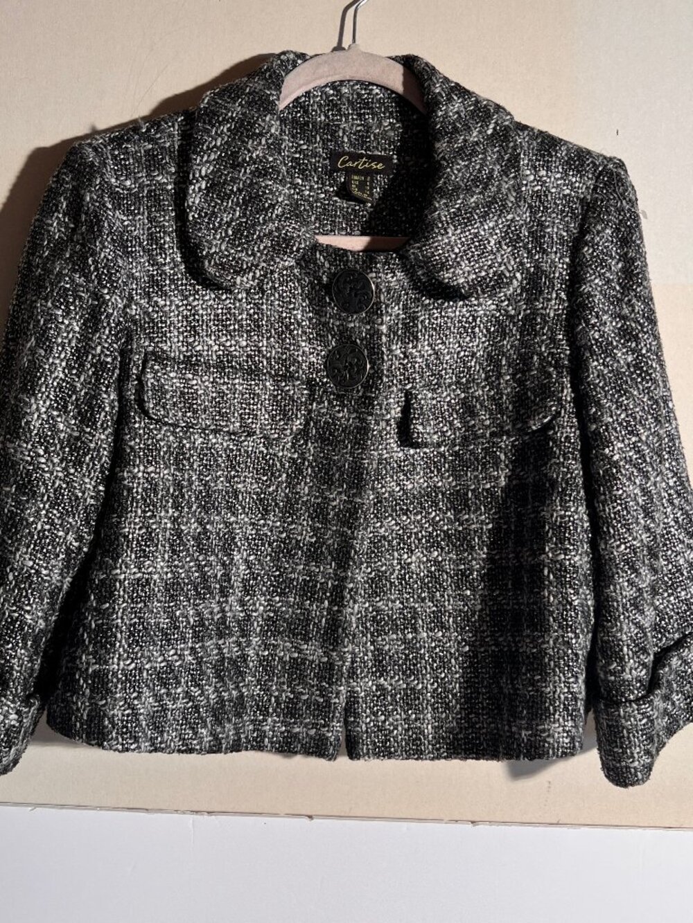 Cartise Tweed Cropped Jacket Size 8 Black White Textured Button Front